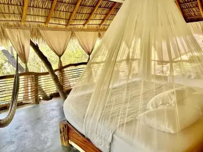 Cama o camas de una habitación en La casa de los árboles frente a la playa con alberca